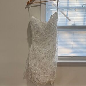 Lulu's White Sequin & Feather-Trim Backless Mini Dress